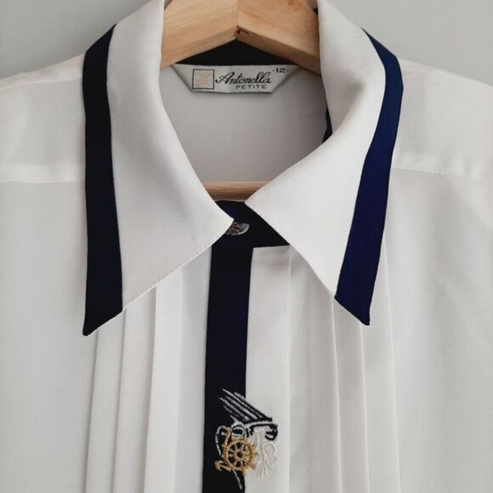 Vintage ANTONELLA Semi-Sheer Short Sleeve Button Down Blouse White Sz 12 P Flaw - Picture 8 of 15